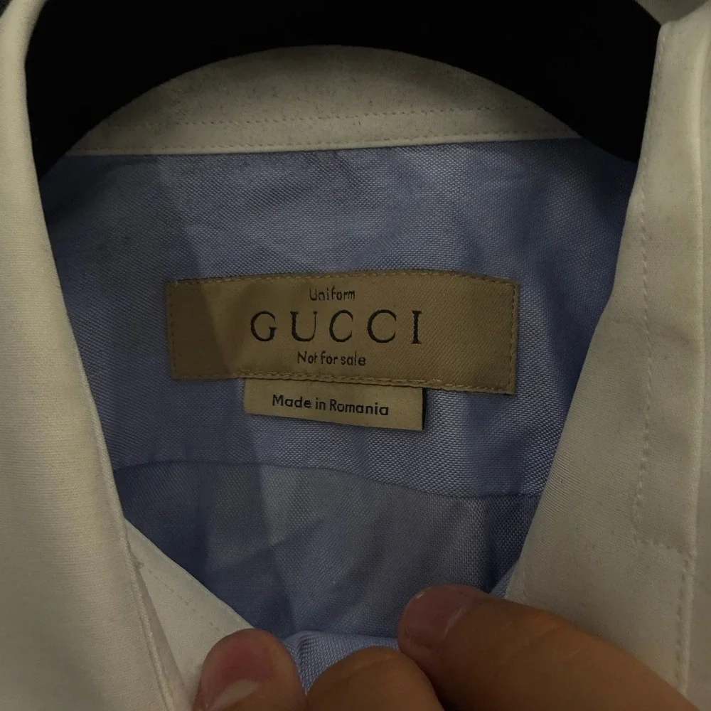 Gucci Uniform Mens Light Blue Button Down Shirt White Contrast Collar Size 38 S